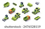 Farm vehicles isometric set. Icons with agricultural machinery for tillage. Tractor, combine, cultivator, automated plow and harvester. 3D vector collection isolated on white background