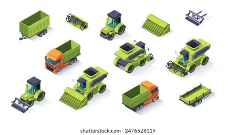 Farm vehicles isometric set. Icons with agricultural machinery for tillage. Tractor, combine, cultivator, automated plow and harvester. 3D vector collection isolated on white background