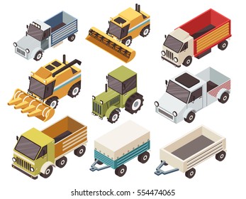 Vehículos de granjas isométricos con diversos tipos de camiones cosechadores tractor y remolques ilustración vectorial aislada 