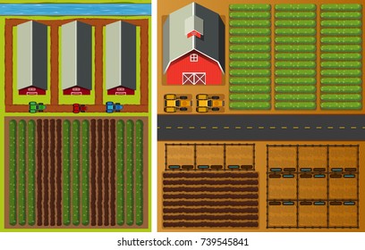 Farm view from the top with vegetables and barns illustration