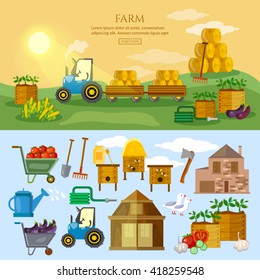 Farm in village banner farm elements agriculture collection vector illustration 