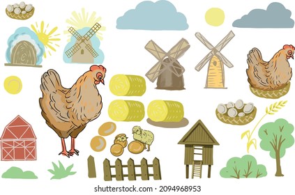 
Farm village chicken eggs chicken coop flat illustration vector hand drawn background childrens cute cartoon windmill landscape