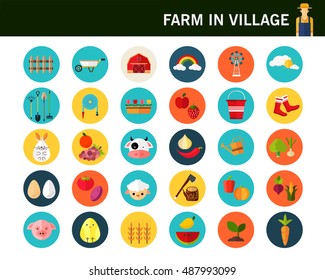 Farm in village concept flat icons.