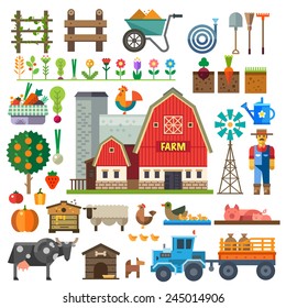 Granja en la aldea. Elementos para el juego: sprites y conjuntos de tejas. Camas, árboles, flores, verduras, frutas, heno, granjas, animales, granjeros, tractores, herramientas. Ilustraciones planos vectoriales