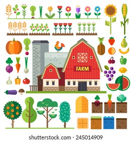 Farm in village. Elements for game: sprites and tile sets. Beds, trees, flowers, vegetables, fruits, hay, farm building. Vector flat  illustrations