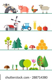 Farm in village. Elements for game: sprites and tile sets. Beds, trees, flowers, vegetables, fruits, hay, farm building. Vector flat illustrations. Animals