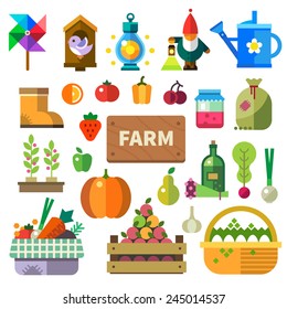 Farm in the village. Elements and sprites: basket with fruits and vegetables, eggs, jam, bottle with oil, tools, lamps, watering can, birdhouse. Vector flat illustrations