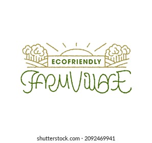 FARM VILLAGE Graphic Badge Logo Design. Farmers Market Local Food Small Business. Farm To Table Community Supported Agriculture Concept. Meadow Landscape Field Trees Illustration