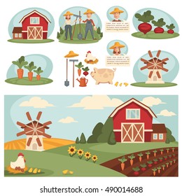 Farm Village landscape illustrations with farm building. Farm Village Set with harvest, ranch and house, barn and field grass. Farm Village Cartoon elements. Farm Vector isolated on white background.