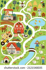 Mapa de la aldea agrícola. Antecedentes de la vida en el campo. Vector de zona rural escenas de elementos infográficos con animales, niños, granero, tractor. Planta rural con campo, pasto, colmenar, cabaña, jardín, mercado
