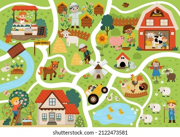 Farm village map. Country life background. Vector rural area scenes infographic elements with animals, children, barn, tractor. Countryside plan with field, pasture, apiary, cottage, garden, market
