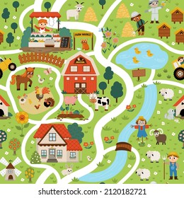 Mapa de aldea de granjas sin fisuras. La vida del país repite el fondo. Papel digital vectorial con escenas del área rural, animales, niños, granero, tractor. Plano rural con campo, pasto, colmenar, cabaña
