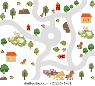Bauernhof Dorf Karte nahtlose Muster. Land Leben wiederholen Hintergrund. Digitales Vektorpapier mit Landschaftsbildern, Tieren, Kindern, Scheune, Traktor. Landschaftsplan mit Feld, Weide, Bienenhaus, Hütte