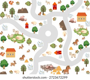Bauernhof Dorf Karte nahtlose Muster. Land Leben wiederholen Hintergrund. Digitales Vektorpapier mit Landschaftsbildern, Tieren, Kindern, Scheune, Traktor. Landschaftsplan mit Feld, Weide, Bienenhaus, Hütte