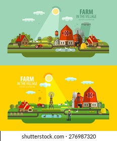 Farm In The Village. Set Of Elements - Barn, Tractor, Animals, Building, Windy Mill, Harvest, Farming, Farmer