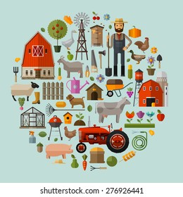 farm in the village. A set of elements - house, barn, animals, tractor, flowers, fruits and vegetables