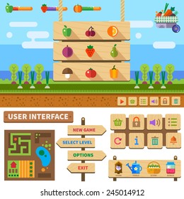 Farm in the village. Wooden User Interface for game: basic controls, menus, pop-up windows, icons