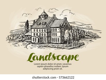 Farm, vineyard sketch. Vintage rural landscape, farming, agriculture vector illustration