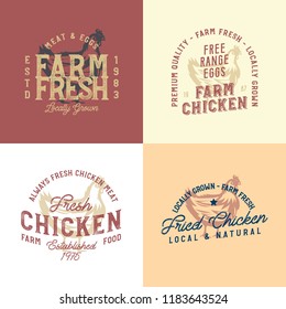 farm vintage logo with chicken. only organic food, chicken meat retro badge. stock vector