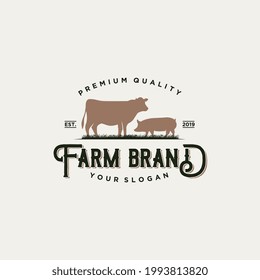 Farm vintage logo for meat cow and pig