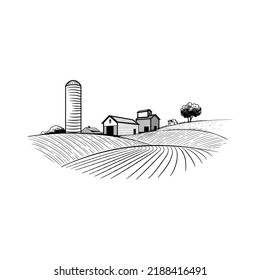 Farm warehouse, hangar among the fields and hills. Farming engraving, agribusiness and organic products