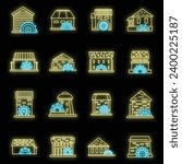 Farm water mill icons set. Outline set of farm water mill vector icons neon color on black