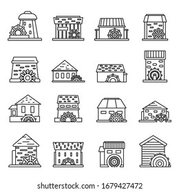 Farm water mill icons set. Outline set of farm water mill vector icons for web design isolated on white background