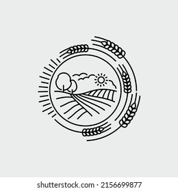 Farm Wheat Ears Field Round Label Badge Vector Line Icon