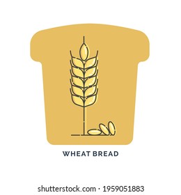 Farm wheat ears icon against the background of a loaf of bread. Line whole grain symbol illustration for organic eco business, agriculture, bakery. Vector food logo on white backdrop. Natural product.