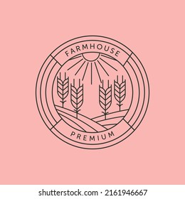 farm wheat plant and sunlight line art logo vector symbol illustration design