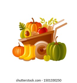 Farm wheelbarrow with harvest. Fruit, vegetable, rubber boots. Autumn & fall pumpkin icon for harvest festival, thanksgiving day. Cartoon autumn vector illustration. Fall Isolated on white background