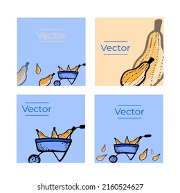 Farm wheelbarrow with pumpkins sketch set of vector illustrations. Harvest organic products hand drawn square background. Farming media banner