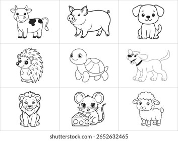 Farm and Wildlife Animals Black and White Coloring Set.