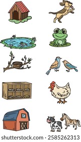 Farm and Wildlife Elements - Animals, Barn, Nest, and Pond Illustration Set