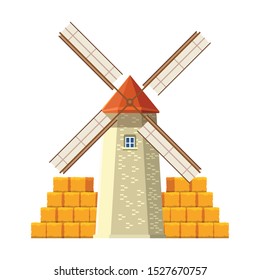 farm windmill and bales of hay stacks over white background, vector illustration