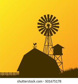 Farm windmill, barn, fence, house, field.