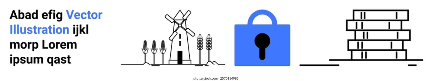 Farm with windmill and crops, blue lock symbolizing security, and a data storage icon with text. Ideal for renewable energy, security, agriculture, data management, and technology. Banner for landing