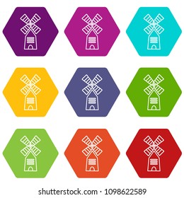 Farm windmill icons 9 set coloful isolated on white for web