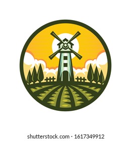 Farm windmill Illustration Logo Template isolated on White Background