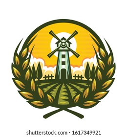Farm windmill Illustration Logo Template isolated on White Background