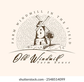 Farm Windmill logo design with hand drawn style and vintage look  Stamp Round Vector Icon. Design Travel Postmark. template vector. Farm building logo template. Windmill logo concept