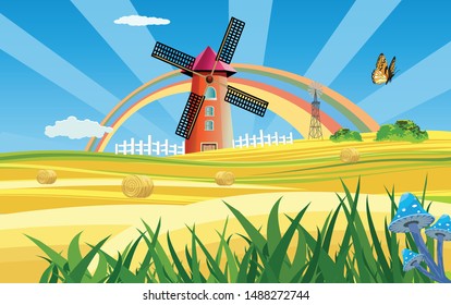 Farm windmill on the golden field wit harvest, Countryside, farmland, vector illustration