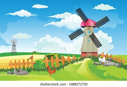 Farm windmill on the green hill Countryside,  chickens on farmland, vector illustration