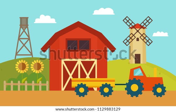 Farm Windmill Tractor Rustic Landscape Barn Stock Vector Royalty