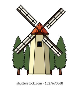 farm windmill and trees over white background, vector illustration