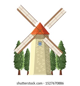 farm windmill and trees over white background, vector illustration