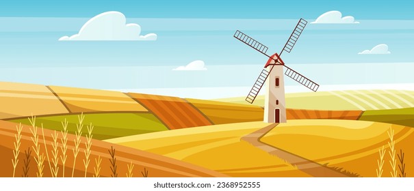 Molino de viento agrícola en la ilustración de vectores de paisajes poblacionales. Caricatura bonita y soleada escena rural con camino de campo a torre silo con generador de turbinas eólicas, camino de campo a través de campos de trigo amarillo