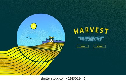 Farm with windmill in the village and yellow ripe wheat field in a round frame. Harvest banner for a landing page with a grain texture. 