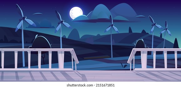 Farm with windmills at night view from terrace with wooden porch and white railings under dark sky with full moon. Alternative wind energy generation with turbine eco power Cartoon vector illustration