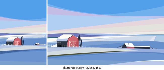 Farm in winter season. Agricultural landscape in different formats.